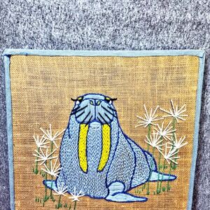 Crewel Blue Walrus Finished 1970 Framed Embroidery Krewel Kritters wall hanging